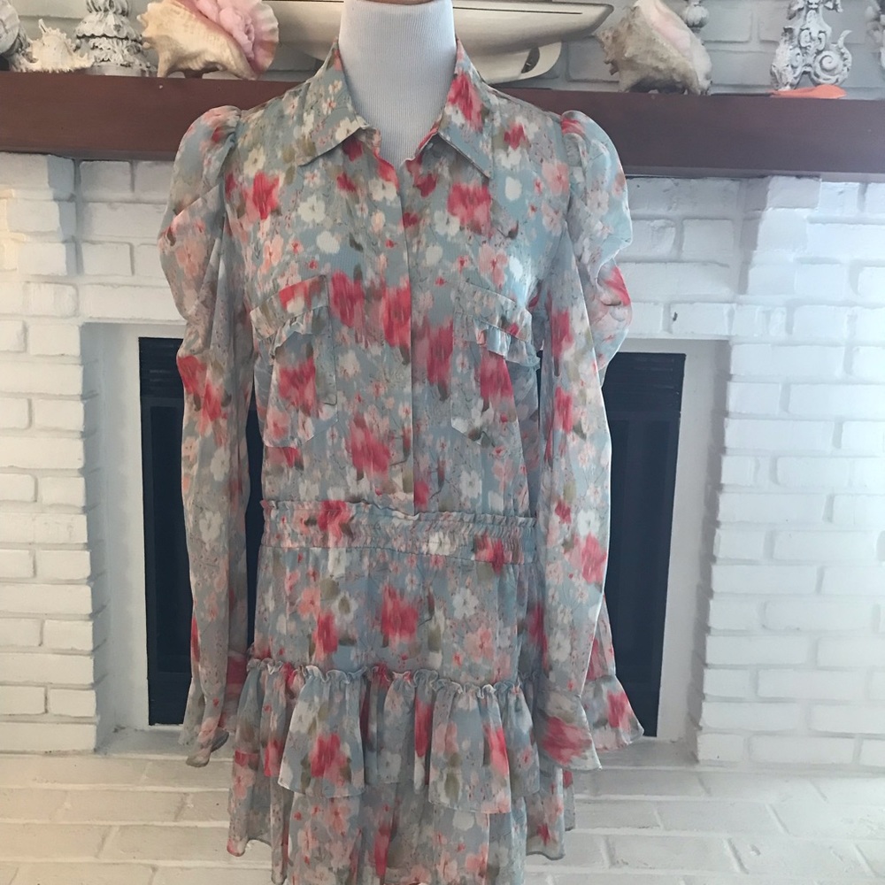 MISA los angeles medium Shirt Dress Mini Floral Puff sleeves cottagecore